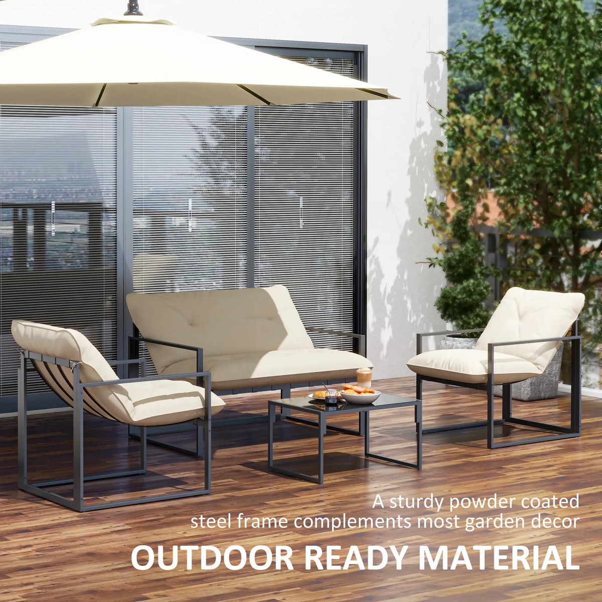 Ensemble de mobilier de jardin 4 pièces, salon de jardin avec table en verre trempé, causeuse, 2 chaises et coussins, beige