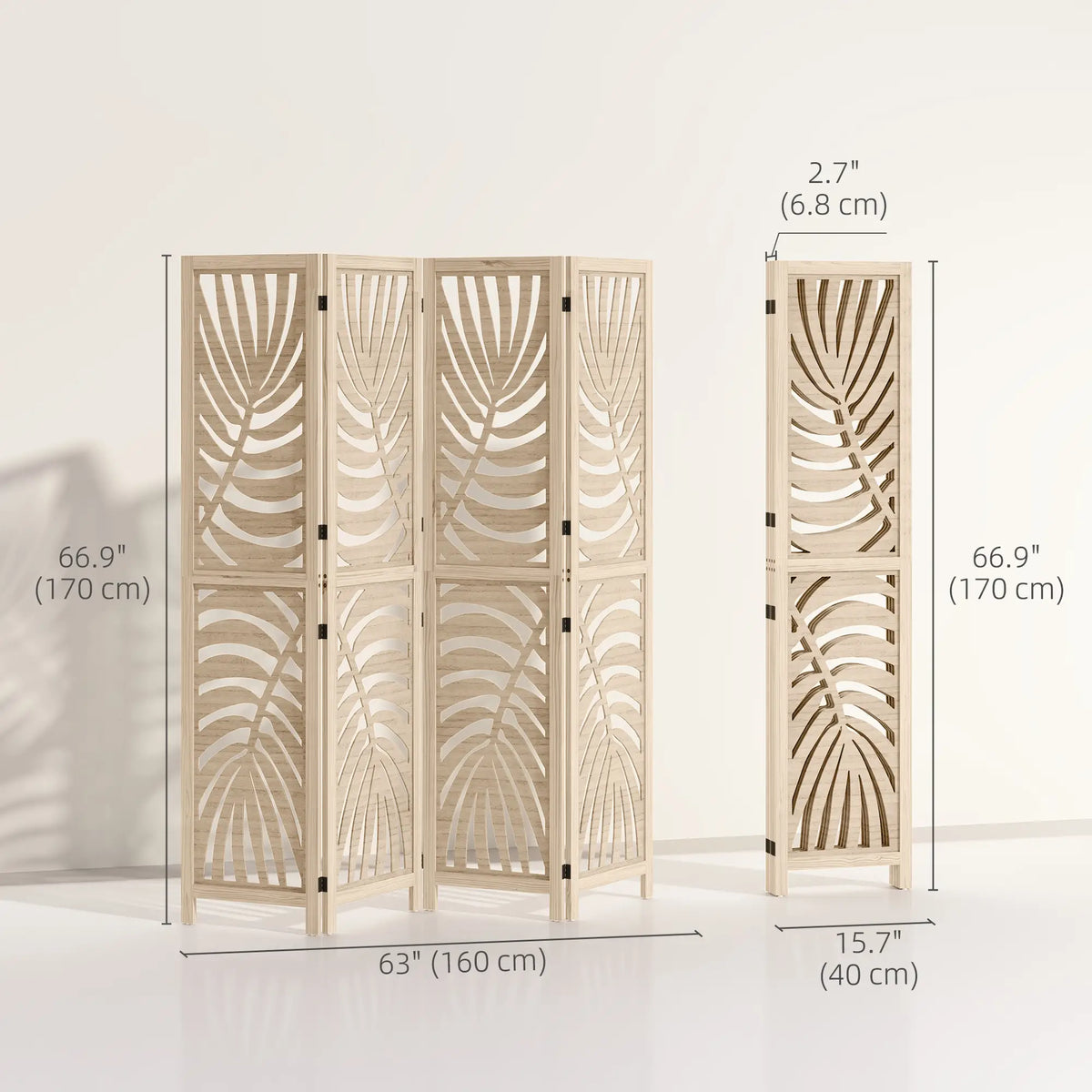 Paravent à 4 panneaux, écrans de confidentialité pliables et détachables avec motif de feuilles de palmier pour bureau à domicile, finition bois naturel