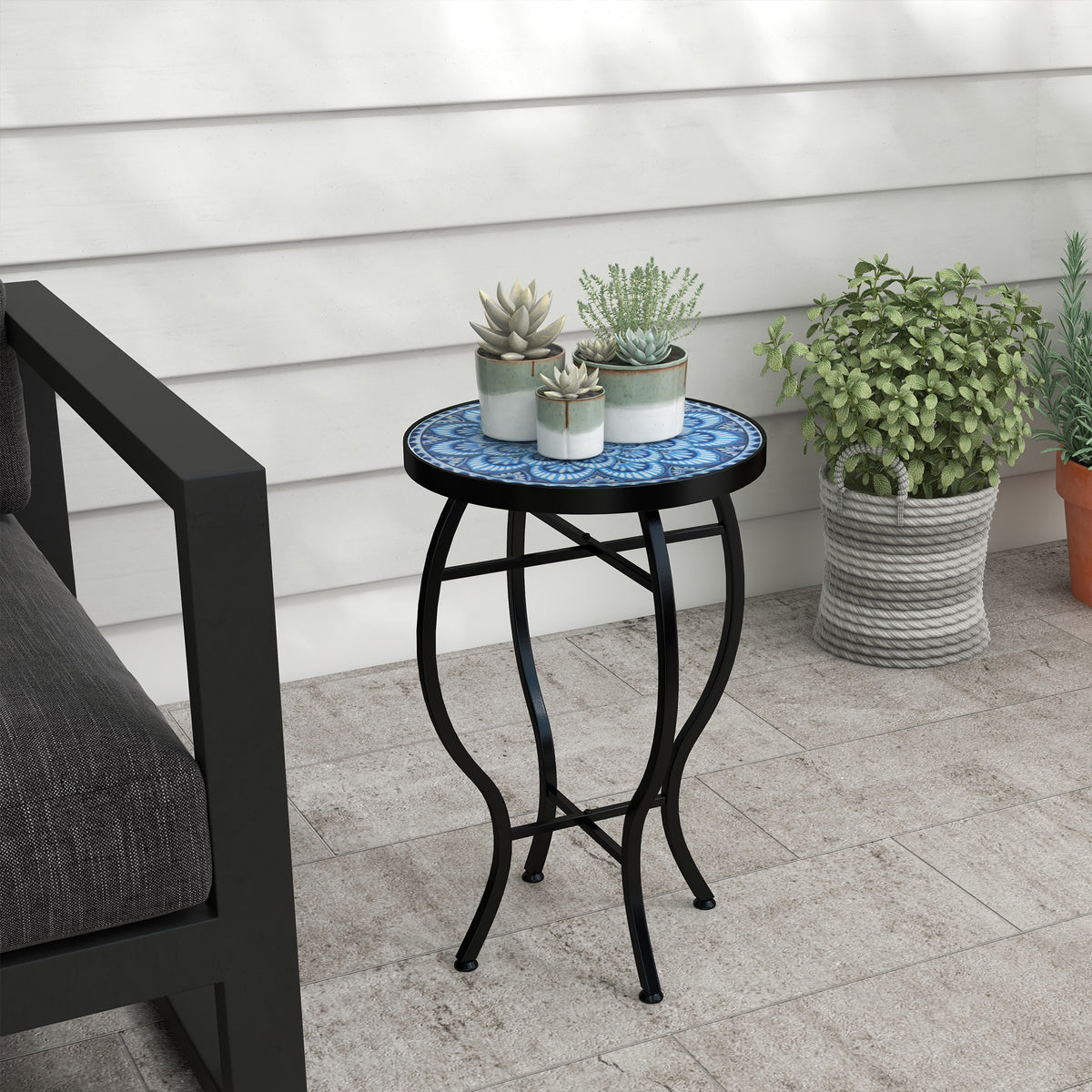 Table ronde d'extérieur, table basse bistro de patio avec plateau en mosaïque et structure en acier pour jardin