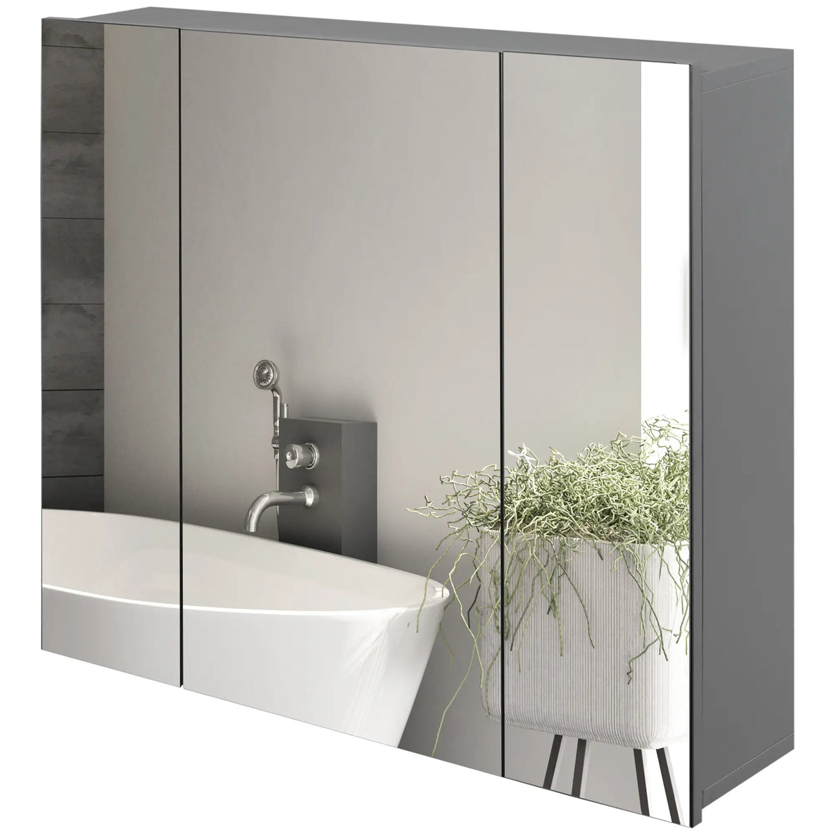 Armoire de salle de bain murale 71 x 61 cm avec miroir, armoire à pharmacie à 3 portes et étagères réglables, grise