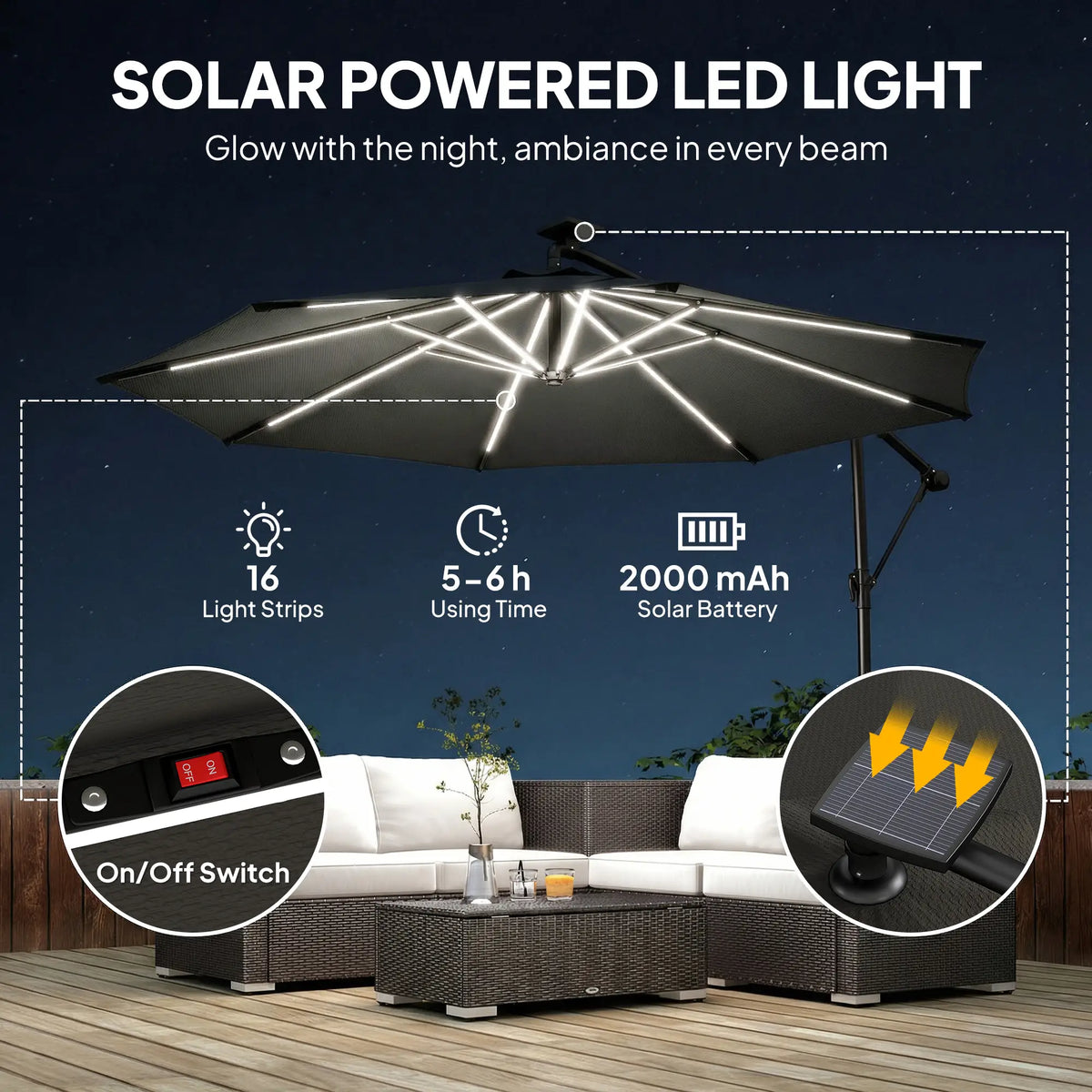 Parasol déporté de 3 m avec éclairage solaire, parasol suspendu de jardin avec rotation à 360°, inclinaison et housse de protection, noir