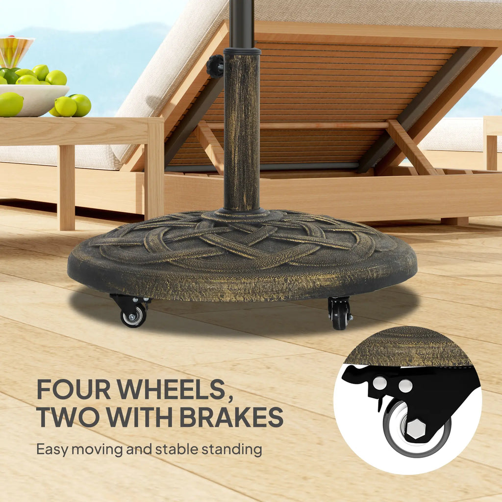 Pied de parasol rond  avec roulettes, support de parasol en résine de 20 kg, compatible avec les mâts de parasol de 3,3 cm, 3,8 cm et 4,8 cm, couleur bronze.