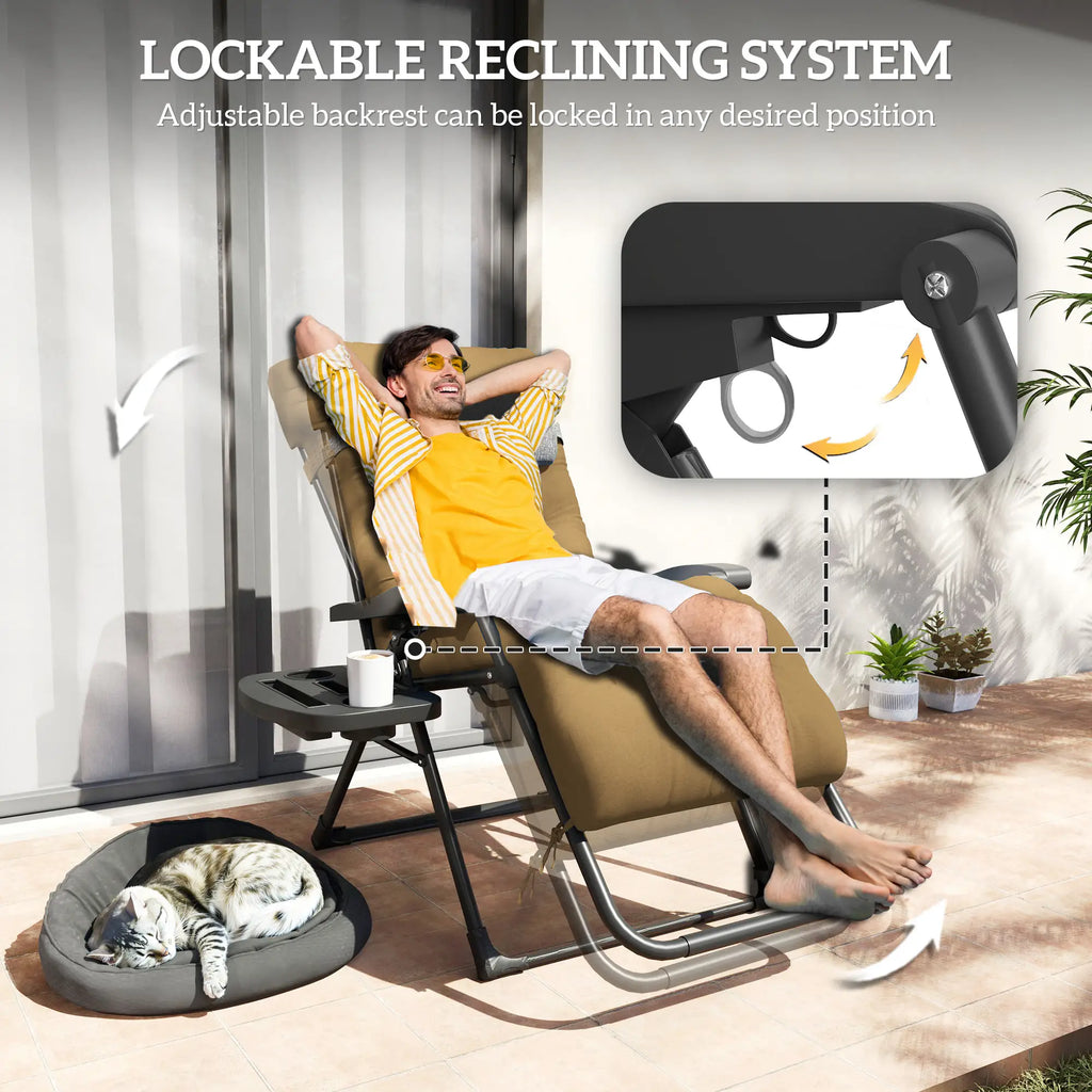 Fauteuil inclinable pliant rembourré, chaise longue de patio avec porte-gobelet, dossier réglable, coussin amovible, kaki clair