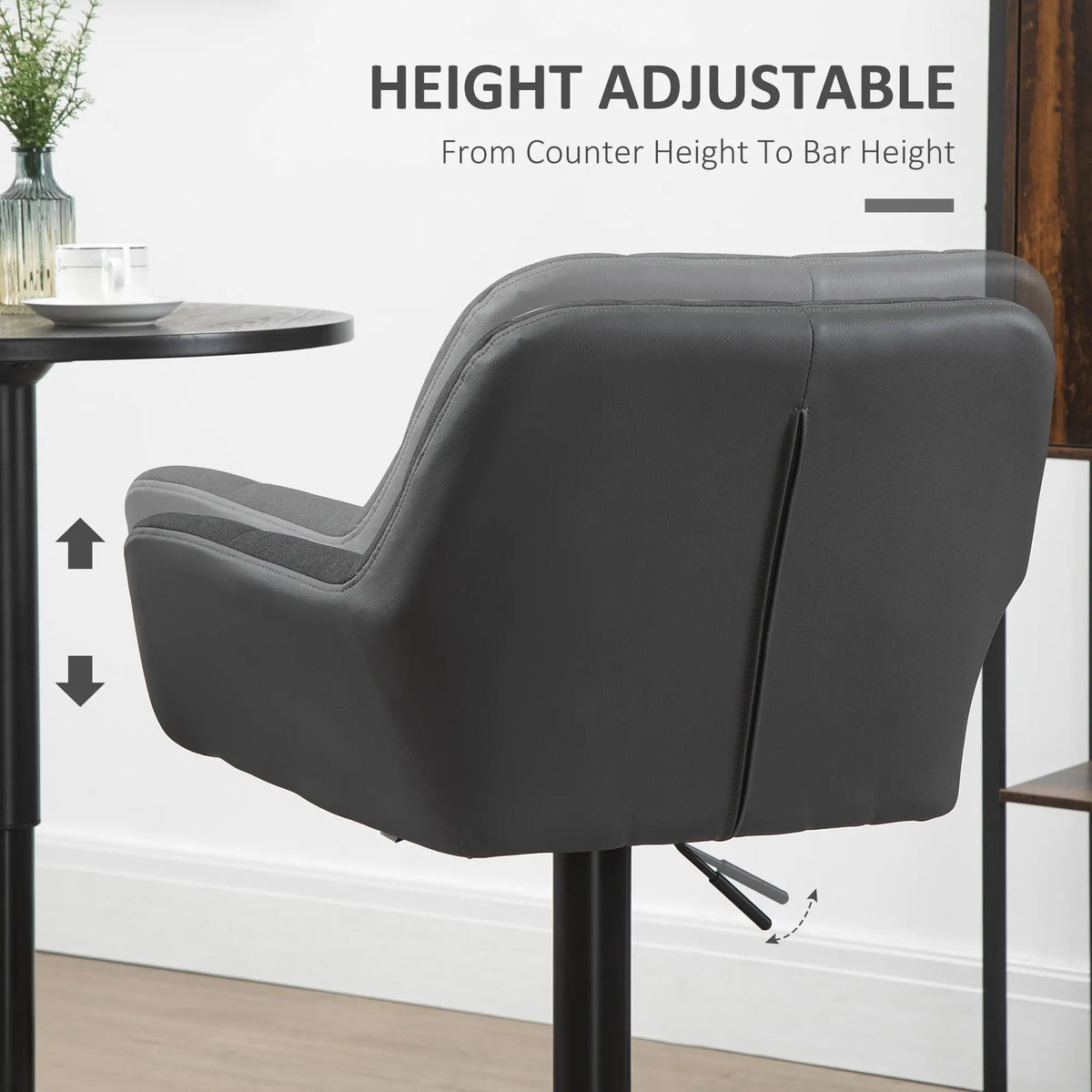 Ensemble de 2 tabourets de bar pivotants, réglables, avec repose-pieds, accoudoirs et dossier en similicuir, pour salle à manger, noir et gris