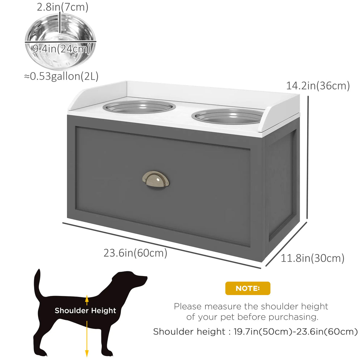 Gamelles surélevées pour chiens, station d'alimentation avec rangement, 2 gamelles en acier inoxydable, 60 x 30 x 36 cm, gris
