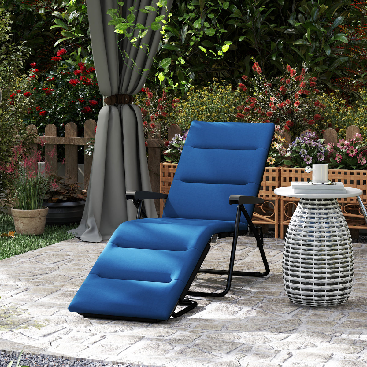 Chaise longue pliable, inclinable, pour terrasse, avec dossier réglable 6 positions, bleue