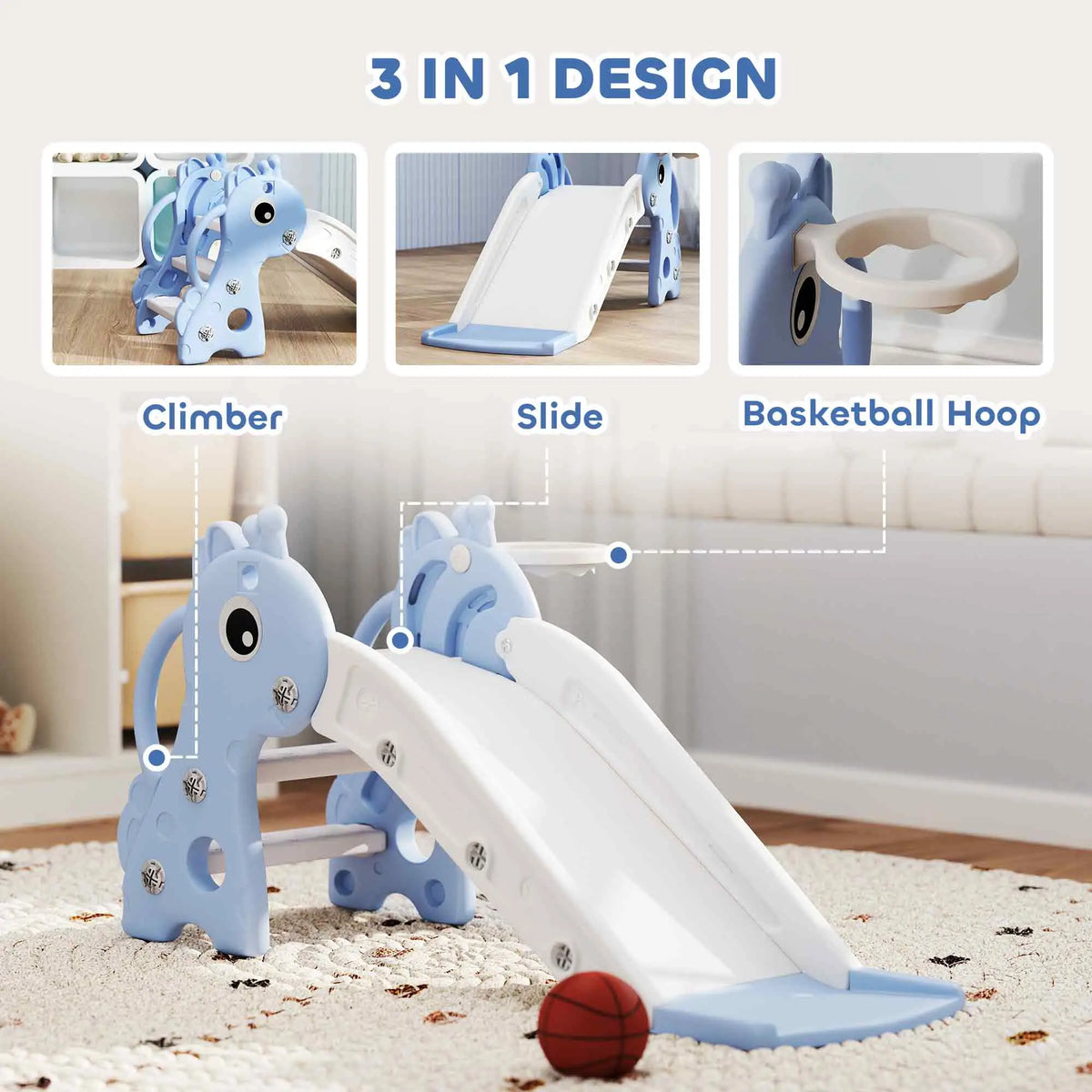 Toboggan 3 en 1 pour enfants de 1 à 3 ans, avec structure d'escalade, panier de basket et ballon, motif girafe, bleu