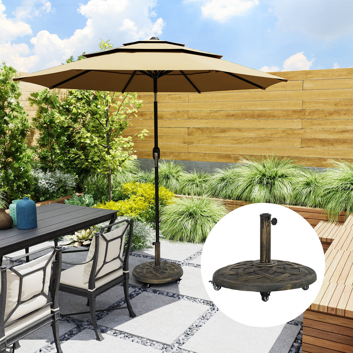 Pied de parasol rond  avec roulettes, support de parasol en résine de 20 kg, compatible avec les mâts de parasol de 3,3 cm, 3,8 cm et 4,8 cm, couleur bronze.