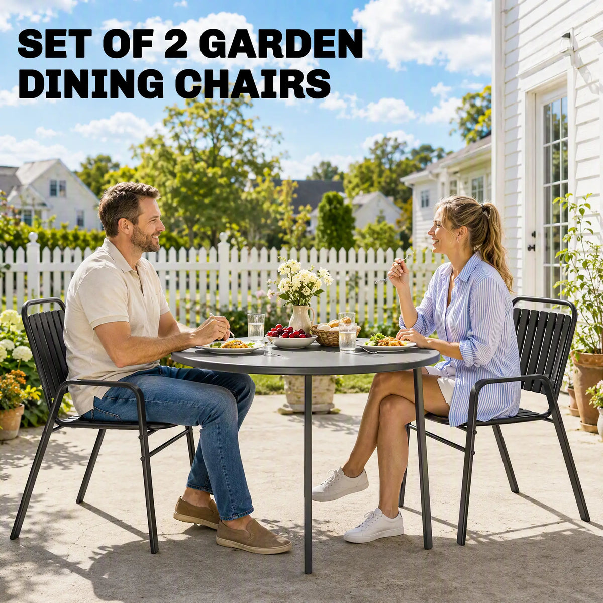 Ensemble de 2 chaises de jardin empilables, pour terrasse, balcon, patio, jardin, noires