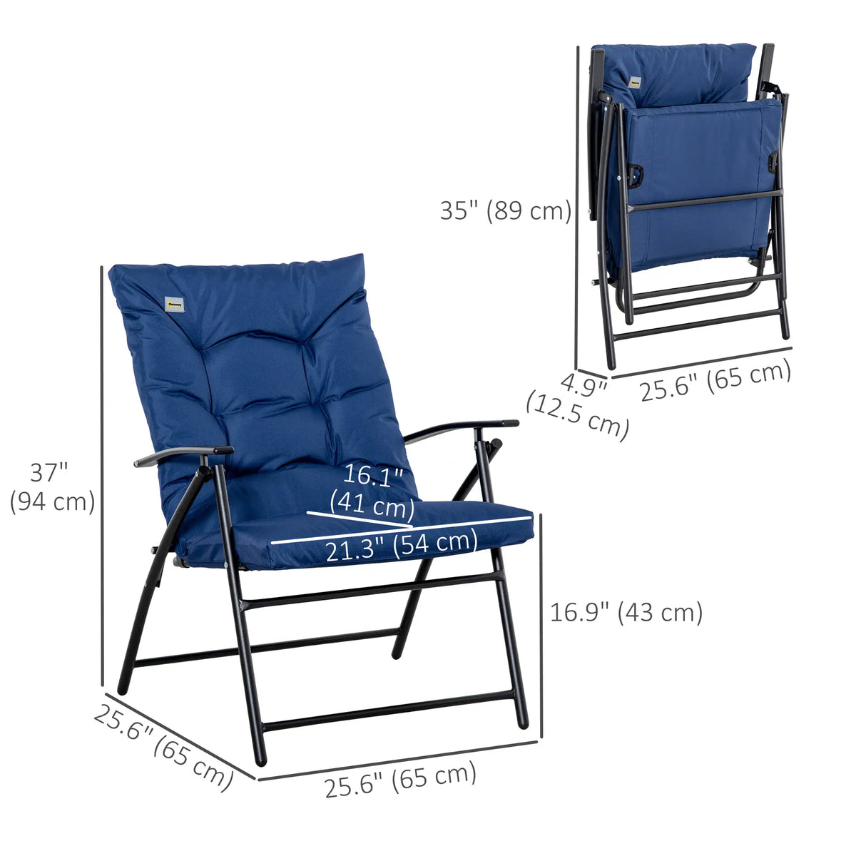 Fauteuil de jardin pliable, inclinable et revêtu de tissu, avec accoudoirs et structure en métal, bleu.