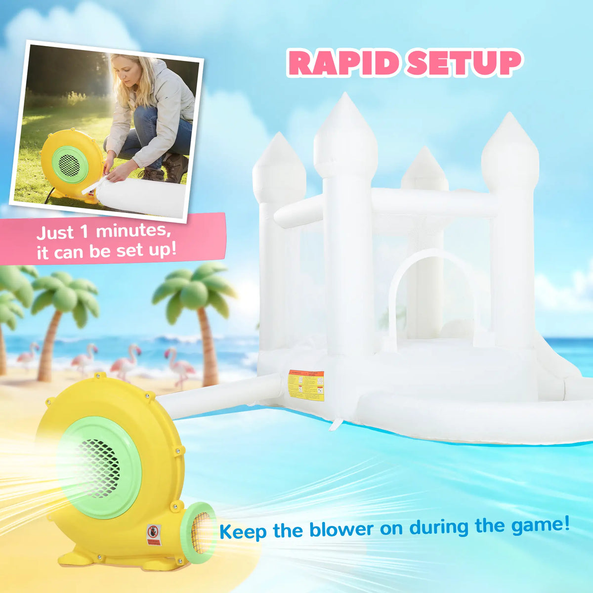 Château gonflable pour enfants, structure gonflable 3 en 1 blanche avec toboggan, piscine à balles et souffleur 370 W, blanc