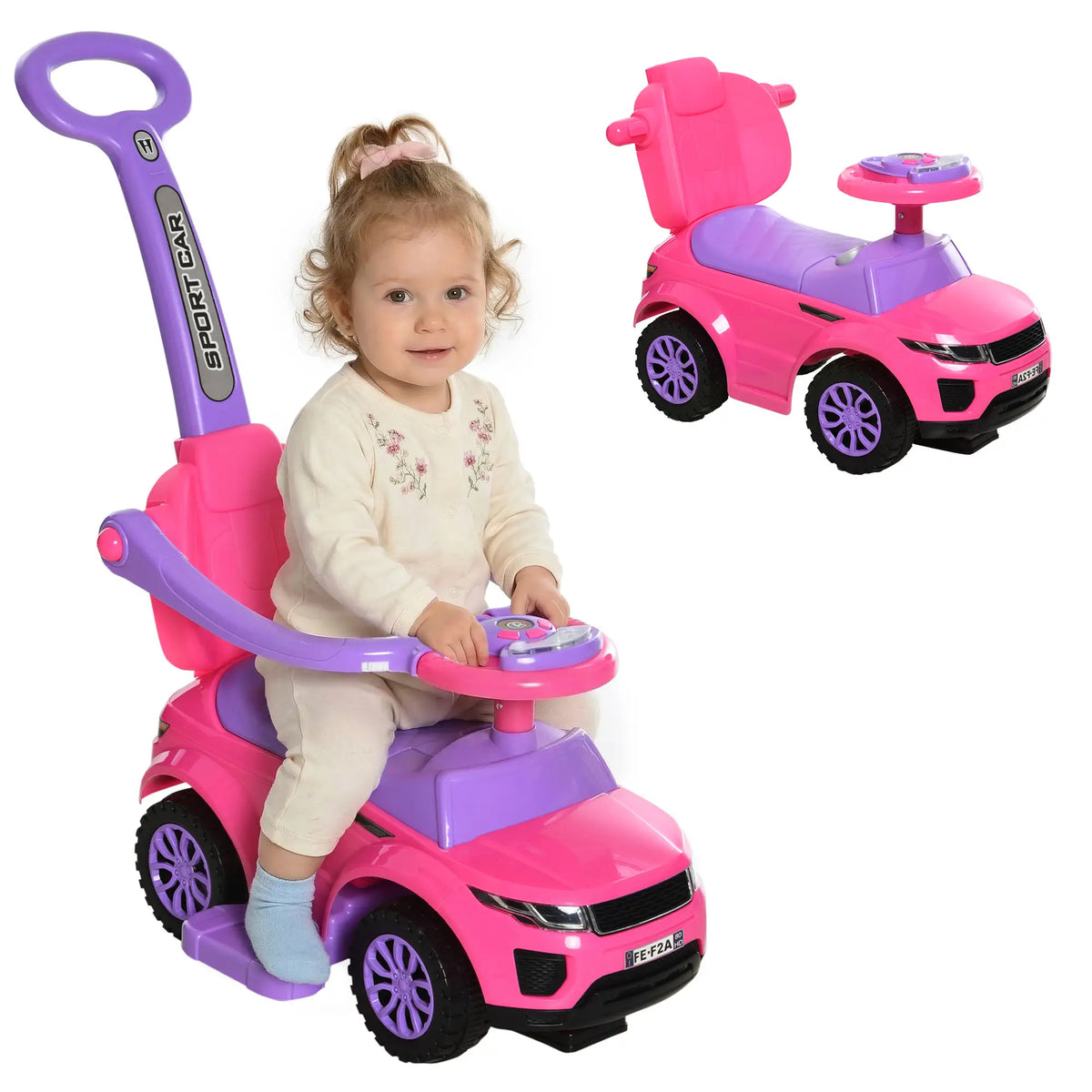Voiture à pousser 3 en 1 pour enfants, avec klaxon et rangement sous le siège, pour les 18-36 mois, rose.
