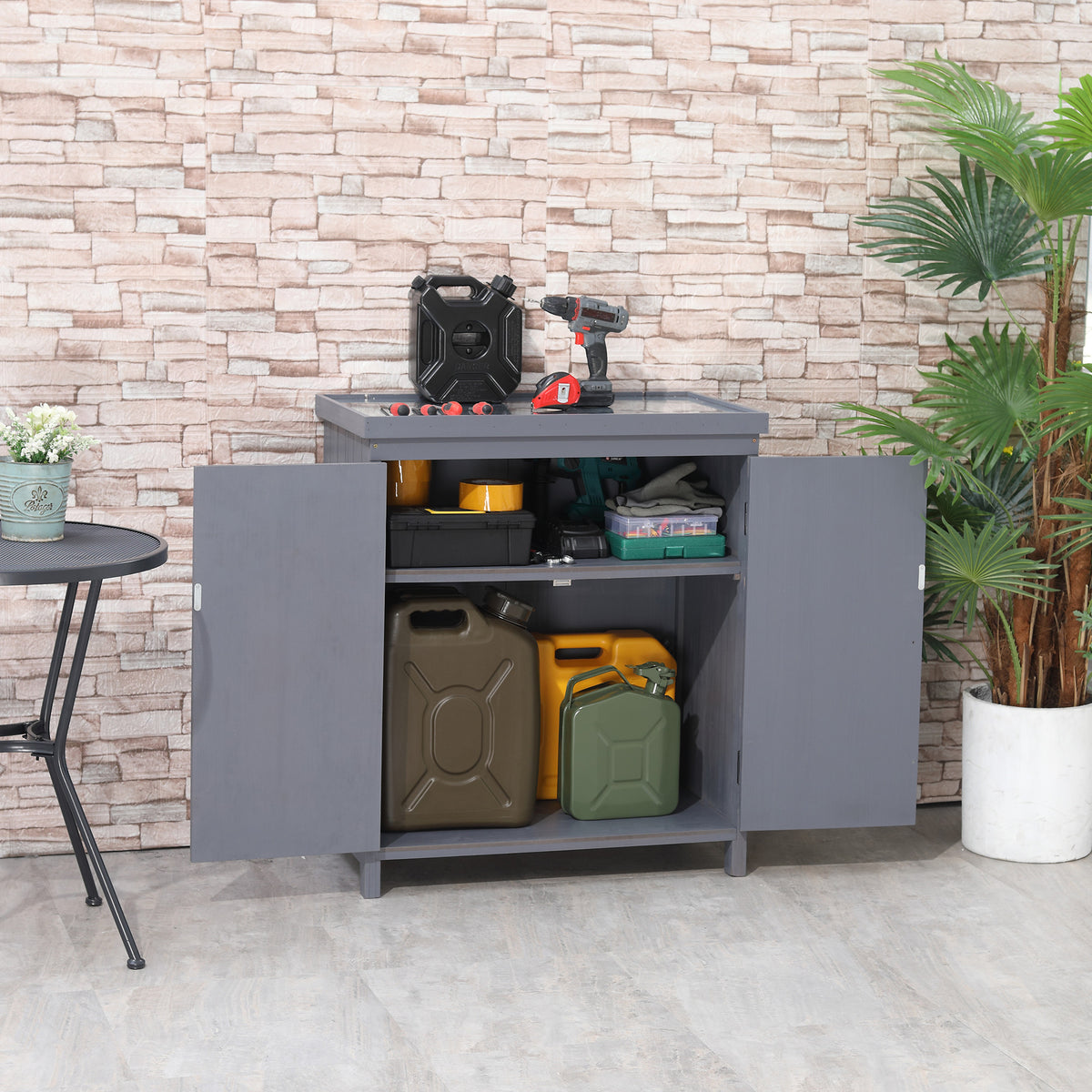 Armoire de rangement de jardin, abri de jardin avec plateau galvanisé et deux étagères pour outils de jardin ou accessoires de piscine, gris