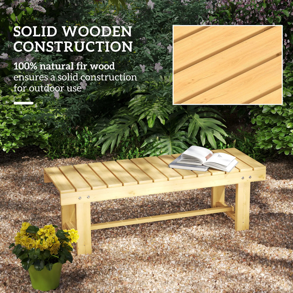Banc d'extérieur 43 po en bois, banc de patio pour 2 personnes, canapé deux places sans dossier avec assise à lattes pour parc, jardin, pelouse, bois naturel