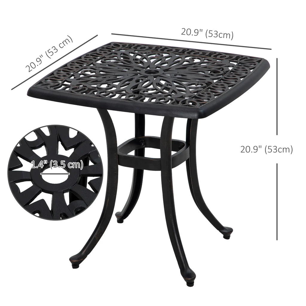 Table d'appoint carrée d'extérieur 53 cm (21 po), table de patio en aluminium moulé avec trou pour parasol, idéale pour le jardin, le balcon ou la piscine, couleur bronze.