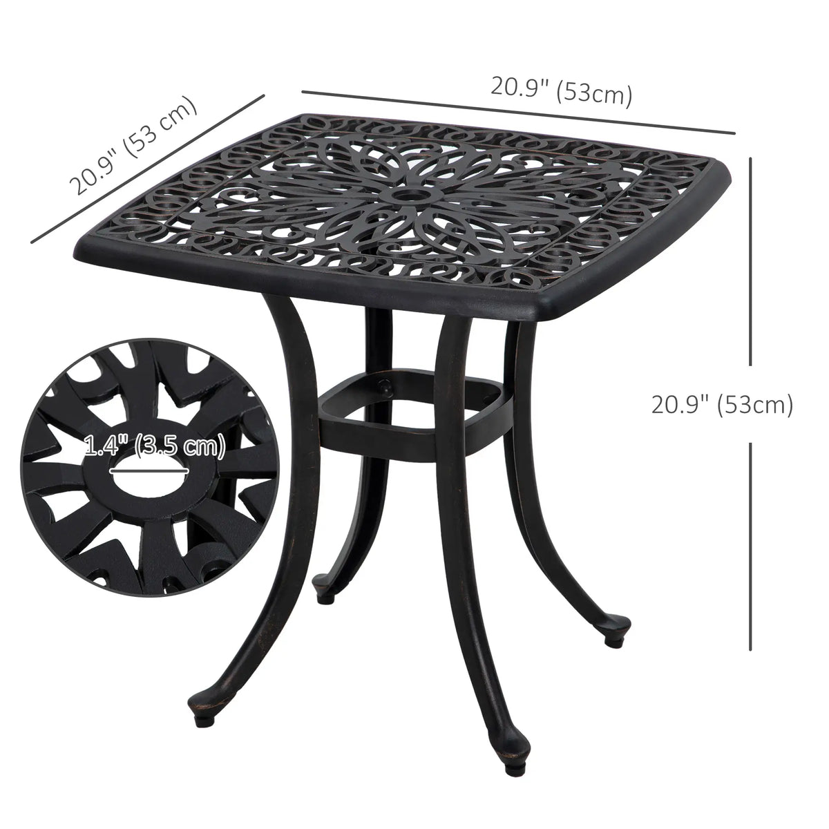 Table d'appoint carrée d'extérieur 53 cm (21 po), table de patio en aluminium moulé avec trou pour parasol, idéale pour le jardin, le balcon ou la piscine, couleur bronze.