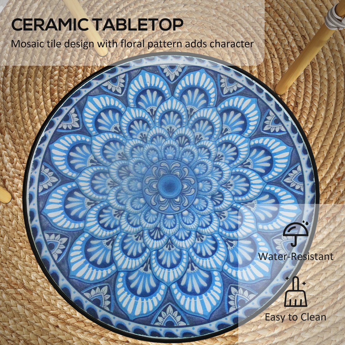 Table ronde d'extérieur, table basse bistro de patio avec plateau en mosaïque et structure en acier pour jardin