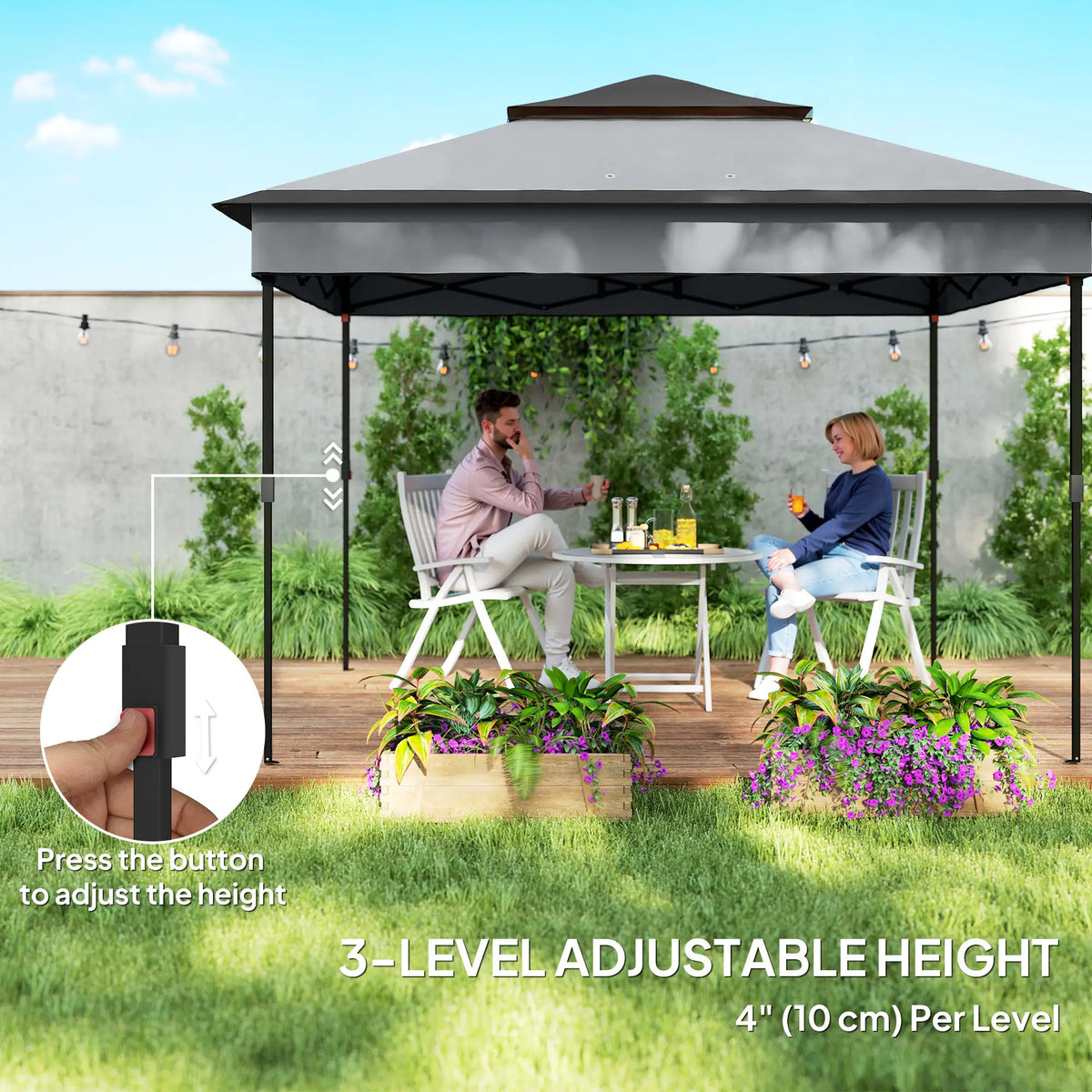 Gazebo pliant 3,26 x 3,26 m, abri solaire instantané réglable avec toit anti-UV30+, rideaux en maille amovibles, gris foncé