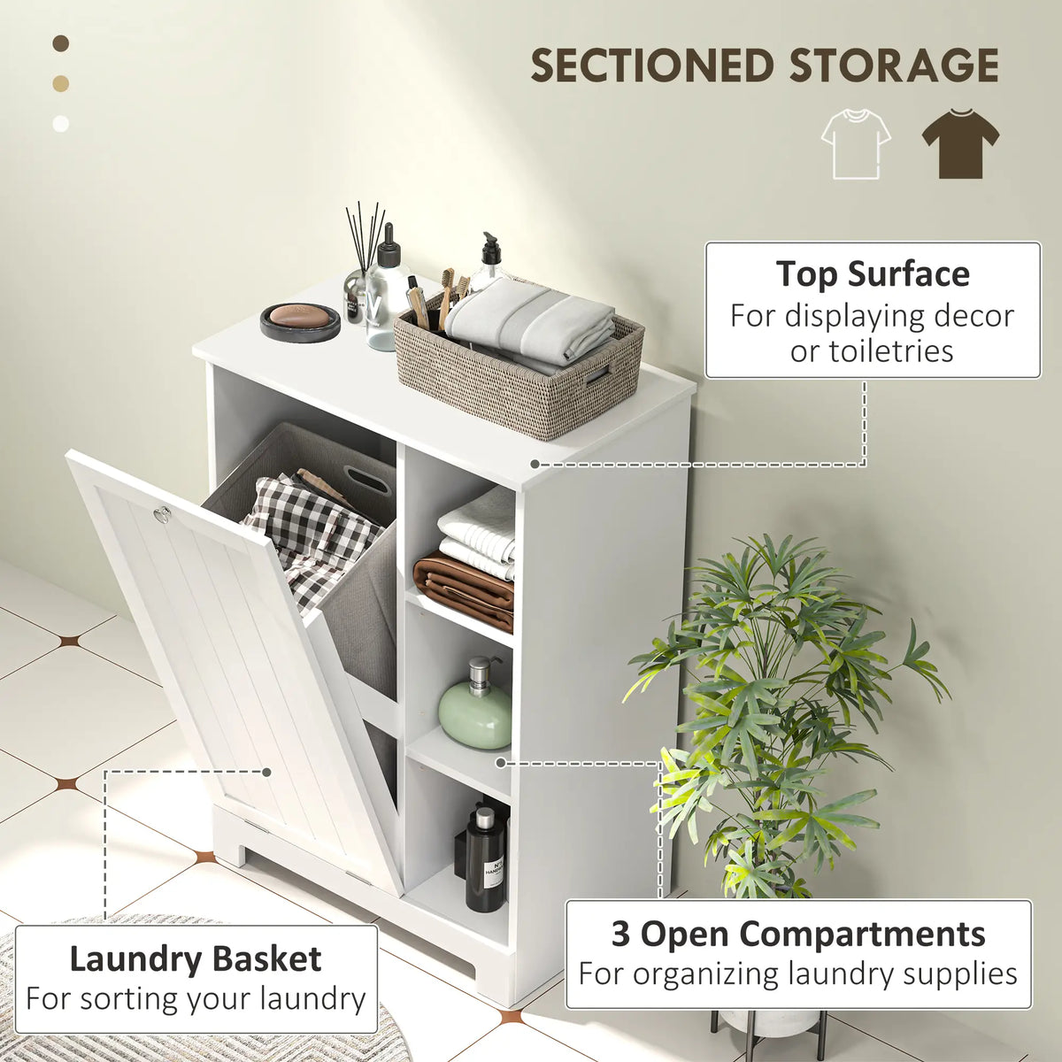 Meuble à linge avec panier amovible, panier à linge basculant avec étagère réglable et compartiments ouverts, blanc