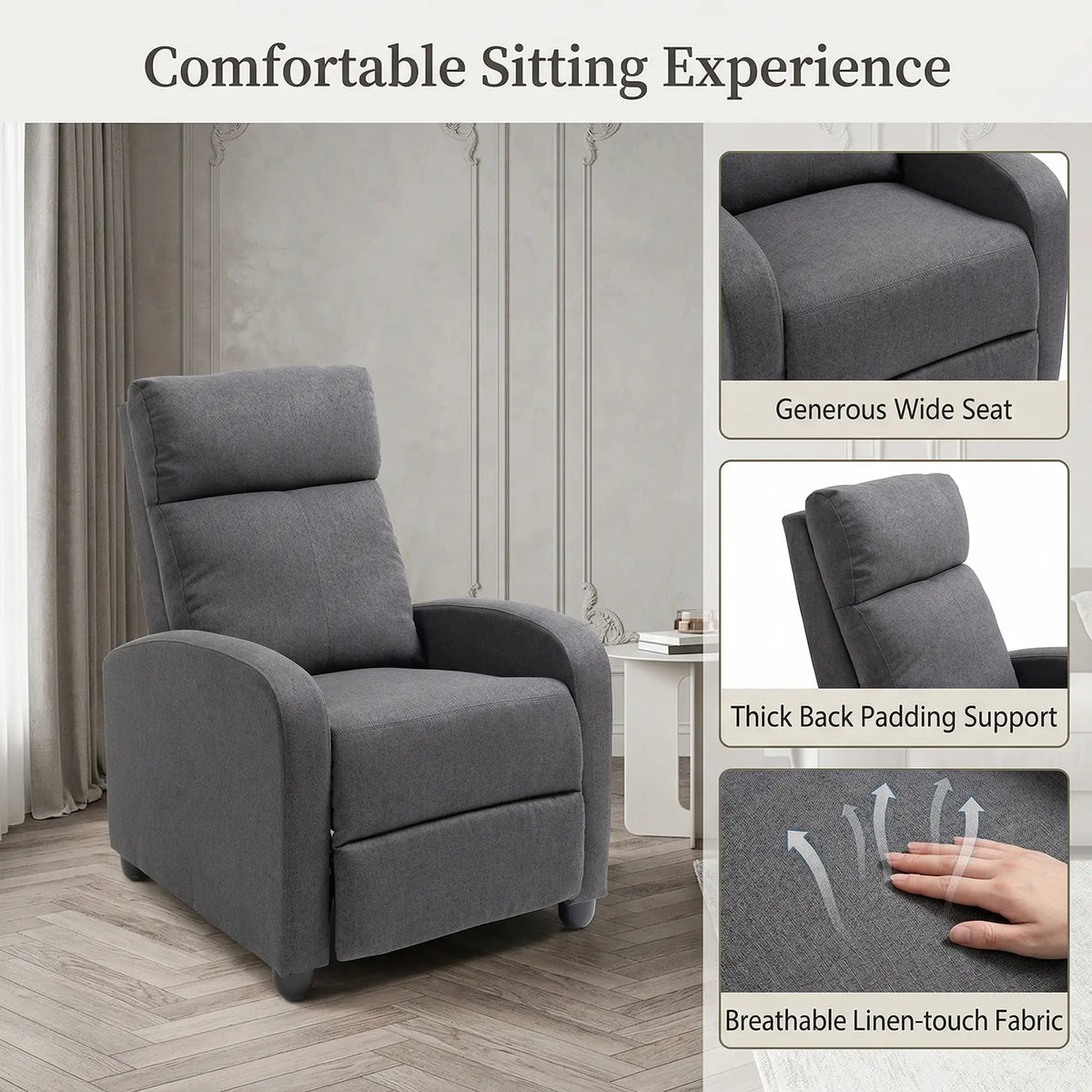 Fauteuil inclinable manuel en tissu, style home cinéma, avec assise rembourrée, pour salon, gris foncé