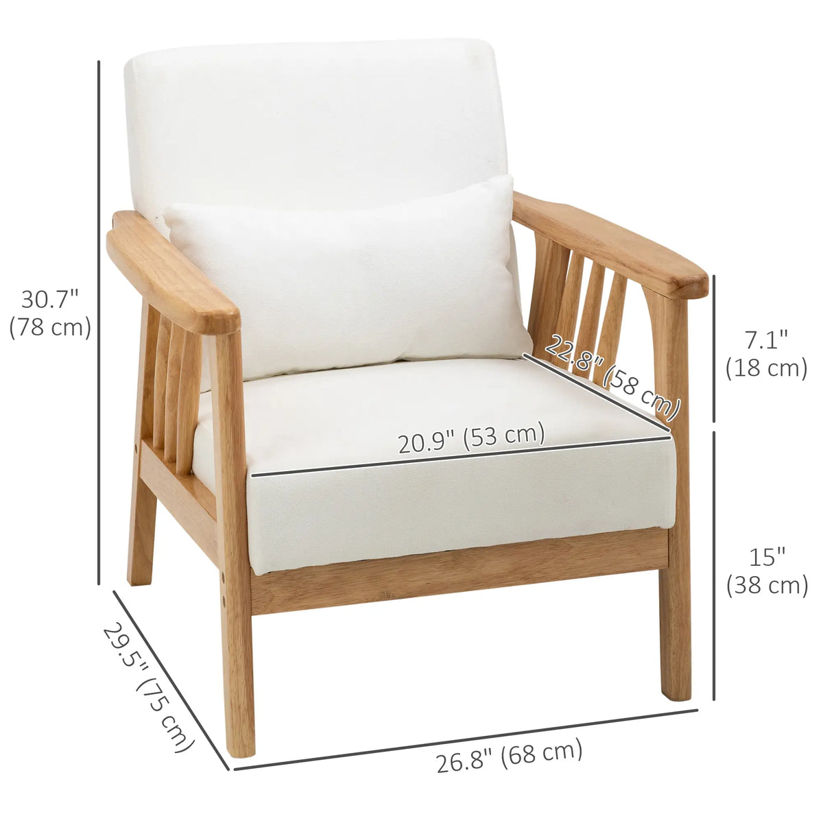 Fauteuil rembourré avec structure en bois d'hévéa, coussins décoratifs et assise confortable, blanc
