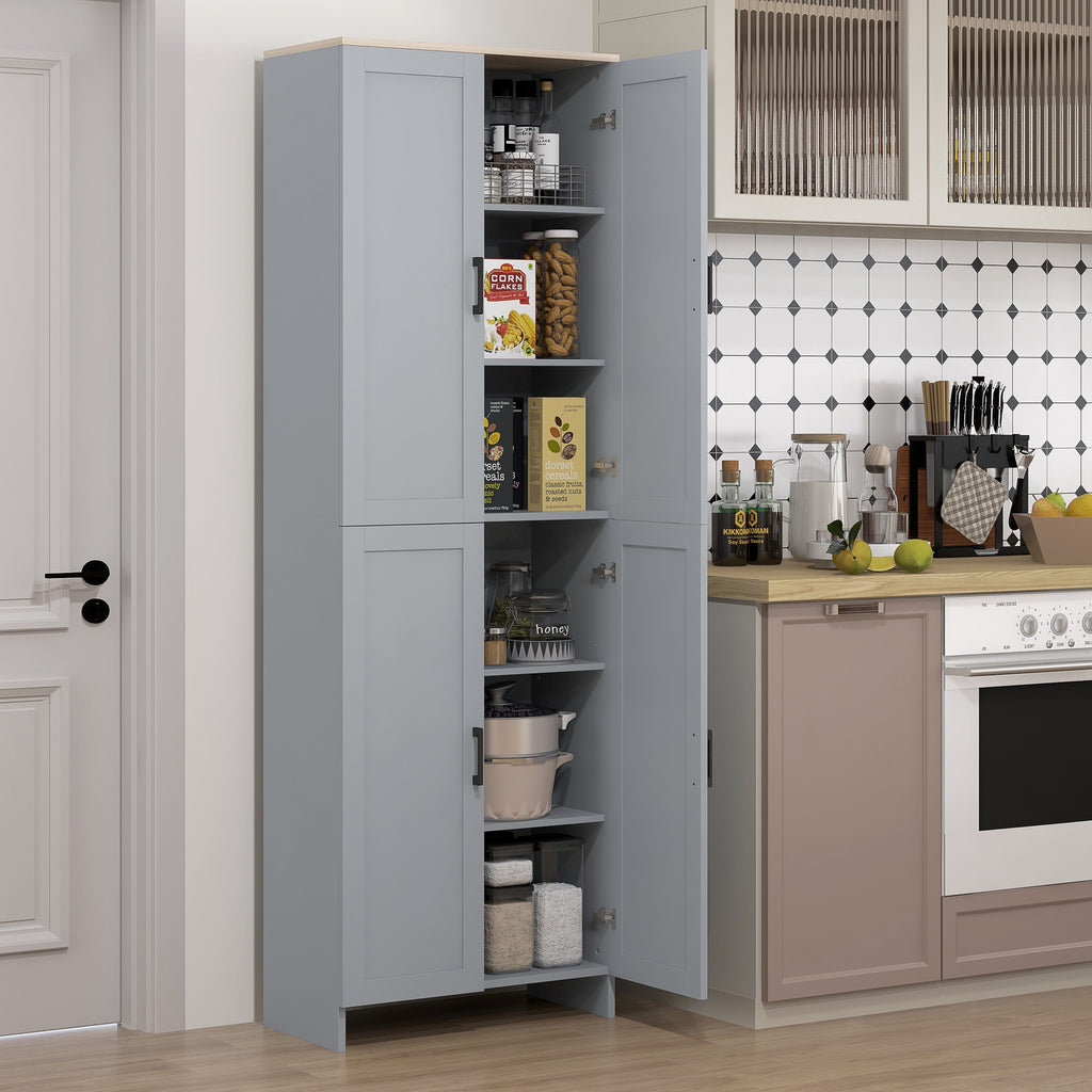 Armoire de cuisine 67" à 4 portes, meuble de rangement autoportant avec étagères réglables, gris