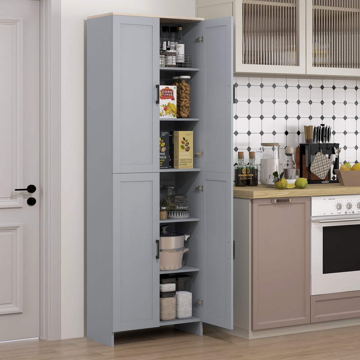 Armoire de cuisine 67" à 4 portes, meuble de rangement autoportant avec étagères réglables, gris
