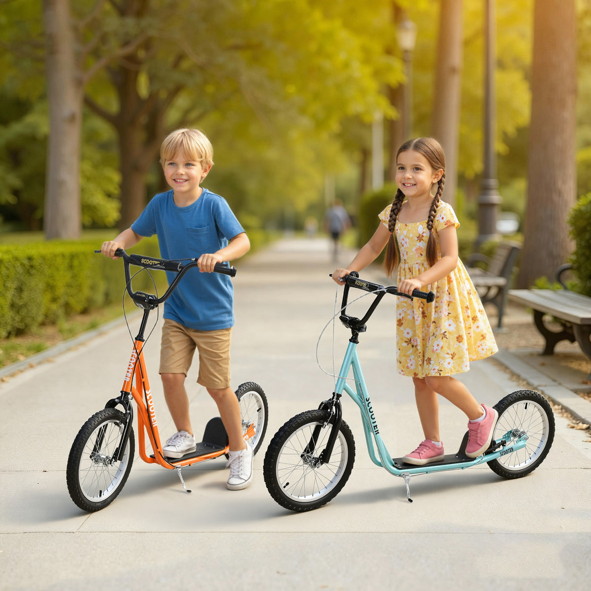 Trottinette pour enfants de 5 ans et plus, jouet à enfourcher avec roue gonflable de 40 cm et double frein, bleue