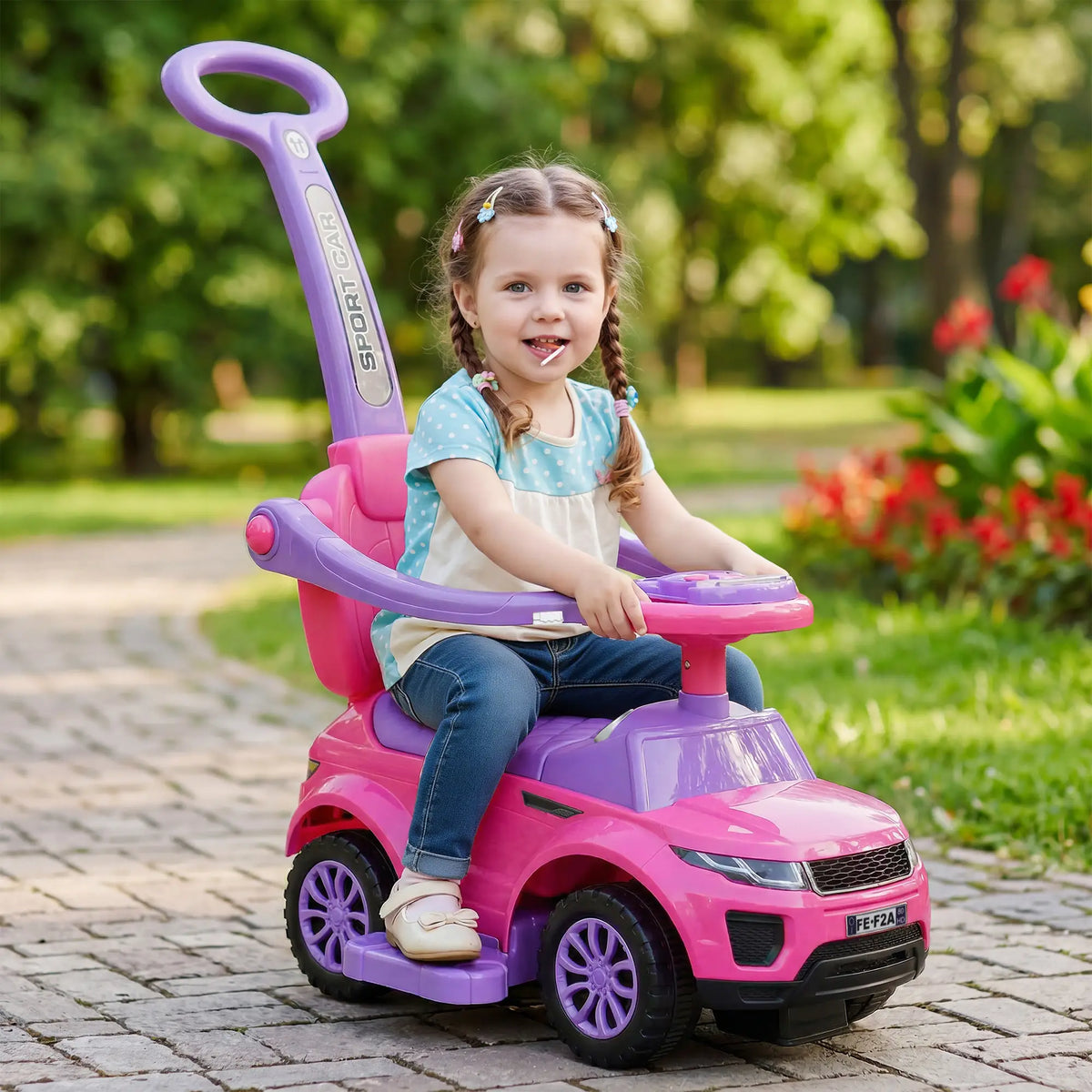 Voiture à pousser 3 en 1 pour enfants, avec klaxon et rangement sous le siège, pour les 18-36 mois, rose.