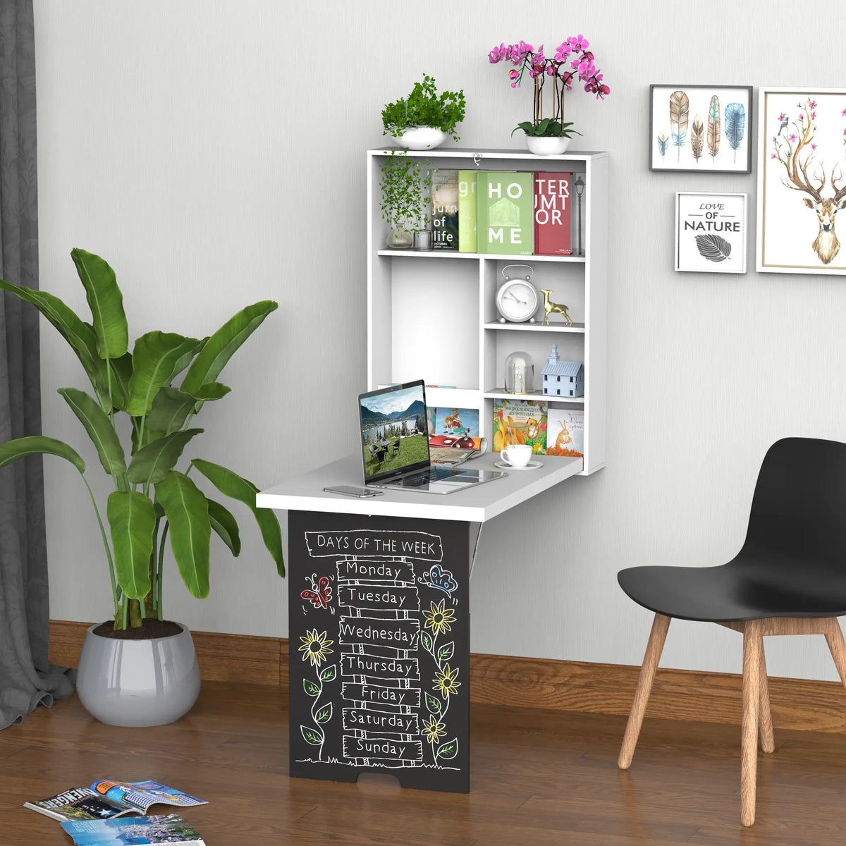 Bureau mural pliable et convertible, bureau d'ordinateur multifonctionnel et peu encombrant avec tableau blanc flottant pour étudiants, blanc et noir