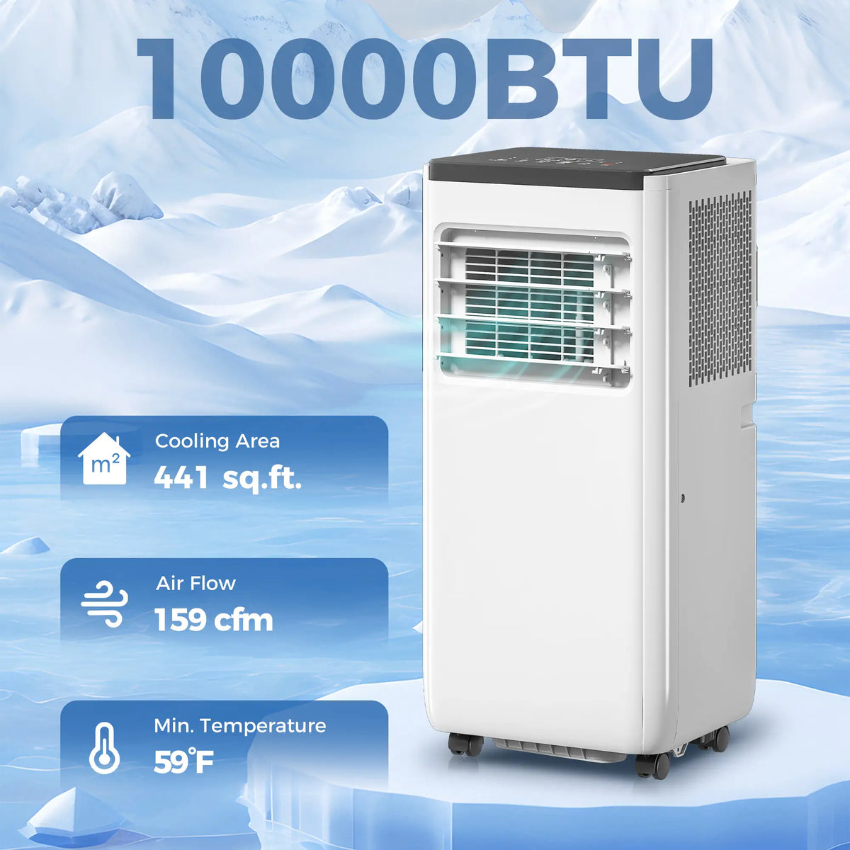 Climatiseur portable 4 en 1 10 000 BTU avec fonctions refroidissement, déshumidification, ventilation, mode sommeil, télécommande vocale Wi-Fi, blanc