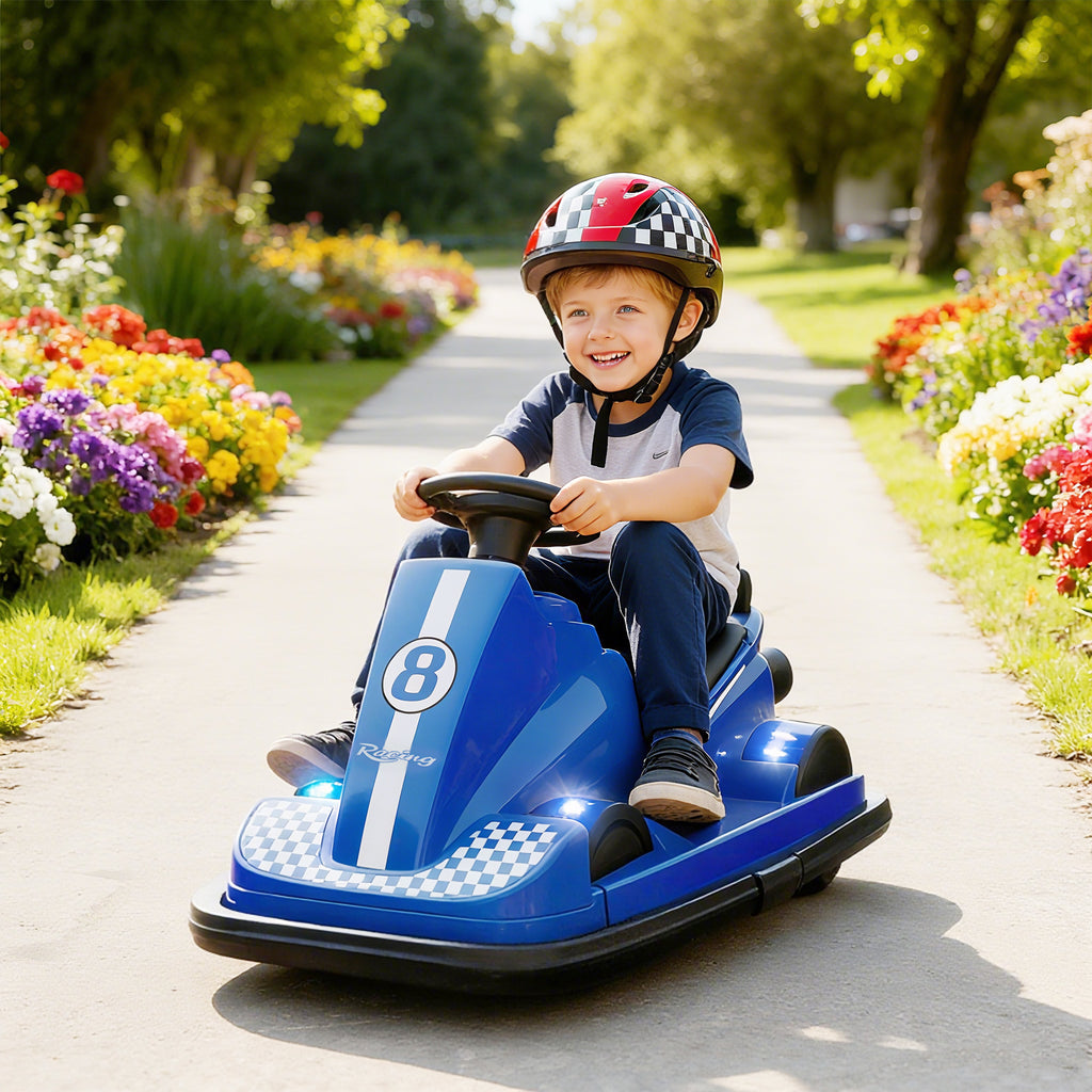 Voiture tamponneuse pour enfants, 6 V, avec rotation à 360°, double moteur et musique, pour les 3-8 ans, bleue.