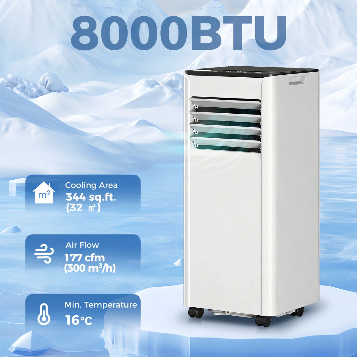Climatiseur portable 8000 BTU, avec déshumidificateur, ventilateur et télécommande vocale Wi-Fi, pour des pièces jusqu'à 344 pi²