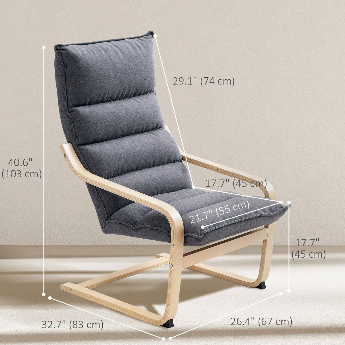 Fauteuil moderne en bois de bouleau et tissu, avec pieds et accoudoirs incurvés, gris.