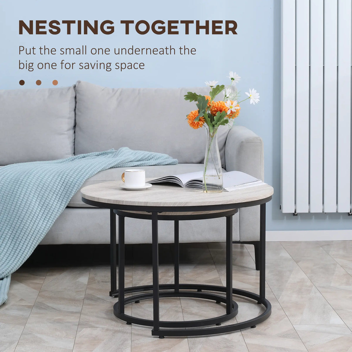 Ensemble de 2 tables basses gigognes, table basse ronde avec structure en métal, tables de salon, aspect bois gris