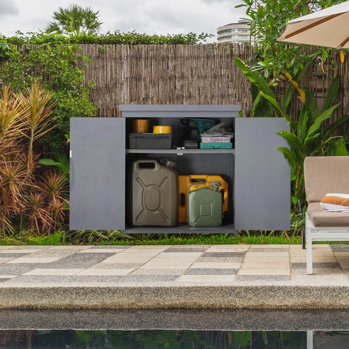 Armoire de rangement de jardin, abri de jardin avec plateau galvanisé et deux étagères pour outils de jardin ou accessoires de piscine, gris