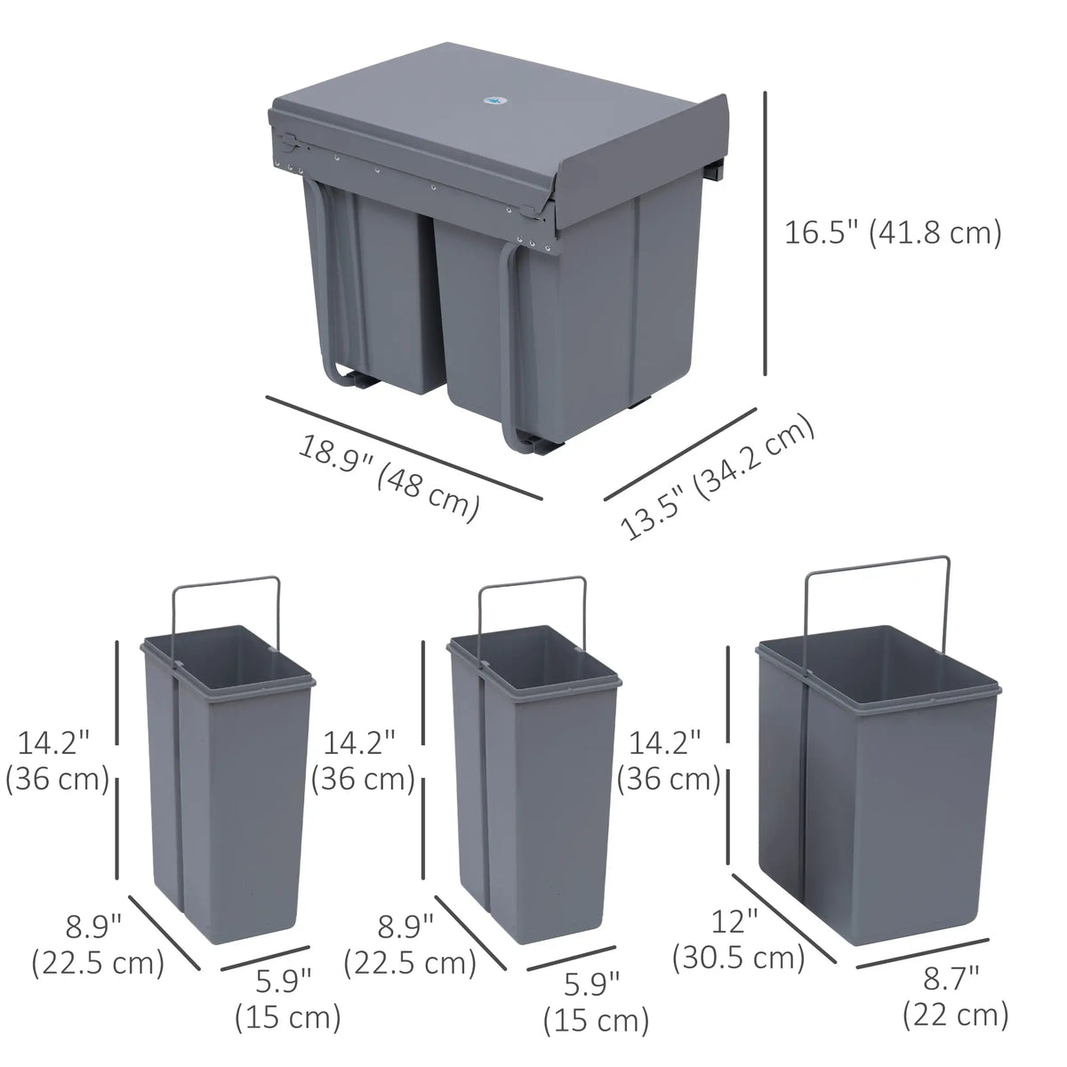 Poubelle coulissante à placer sous un meuble, 40 L (10,6 gallons), avec 3 compartiments amovibles, grise