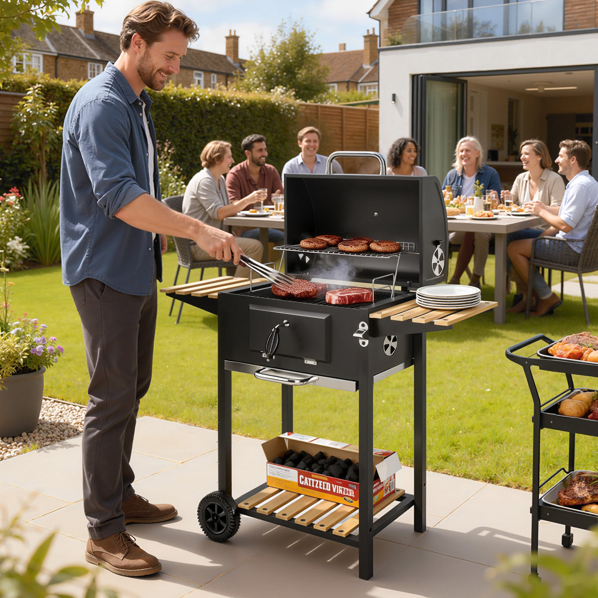 Barbecue à charbon 20" sur roulettes avec bac à charbon réglable, grande surface de cuisson, 3 étagères et thermomètre.