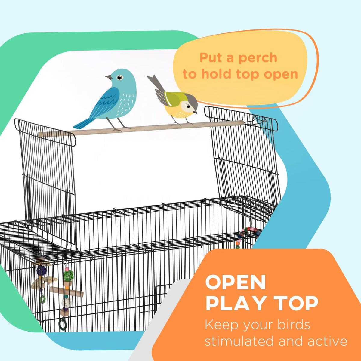 Cage à oiseaux 63" avec dessus ouvert pour perruches ondulées, calopsittes, inséparables et pinsons, support, jouets, plateau amovible et étagère de rangement