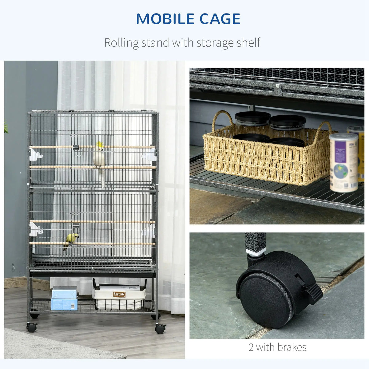 Cage à oiseaux roulante 52'' en acier avec support à roulettes, étagère de rangement, perchoir en bois et mangeoire, gris foncé