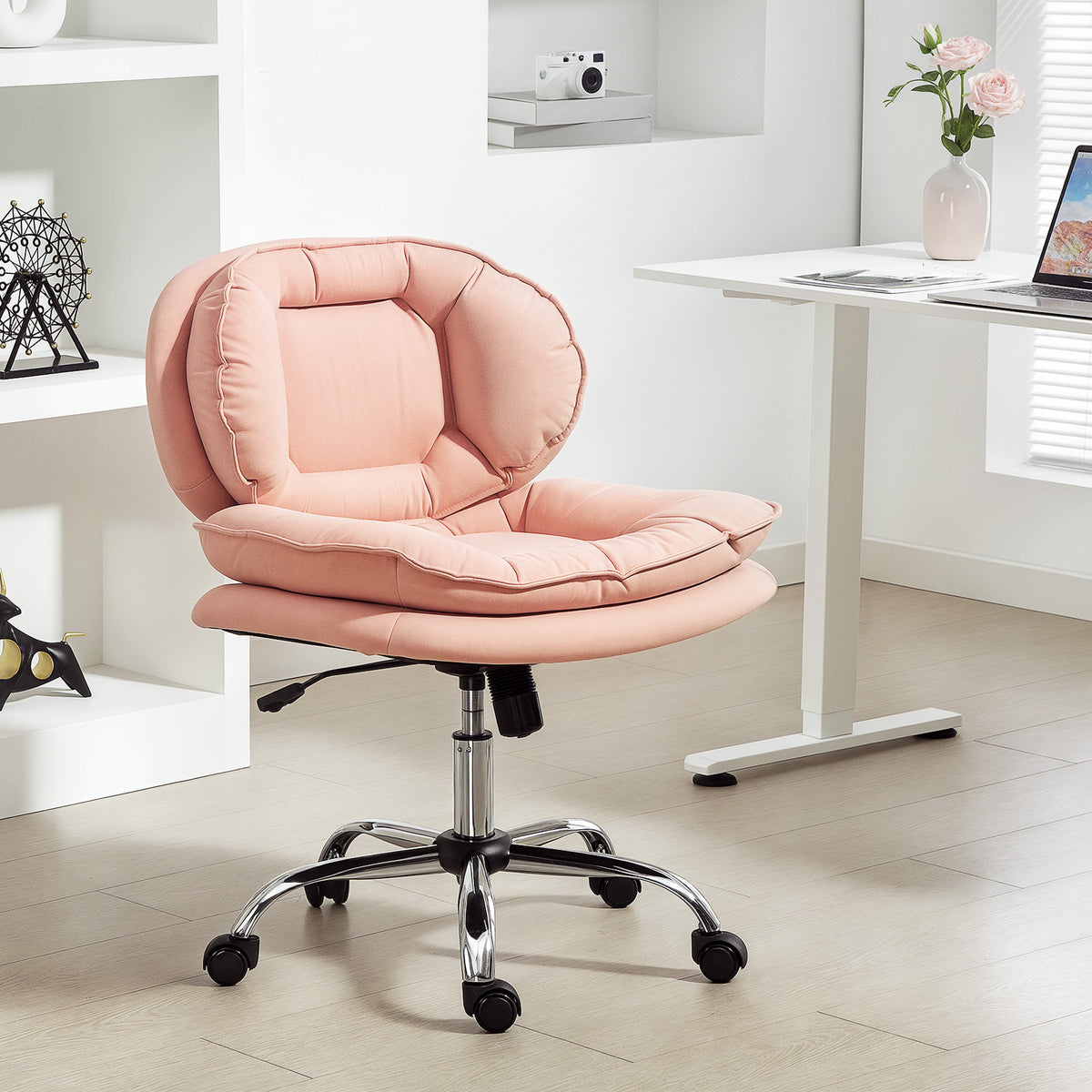 Fauteuil de bureau pivotant, large, avec revêtement en similicuir, inclinable, sans accoudoirs, rose
