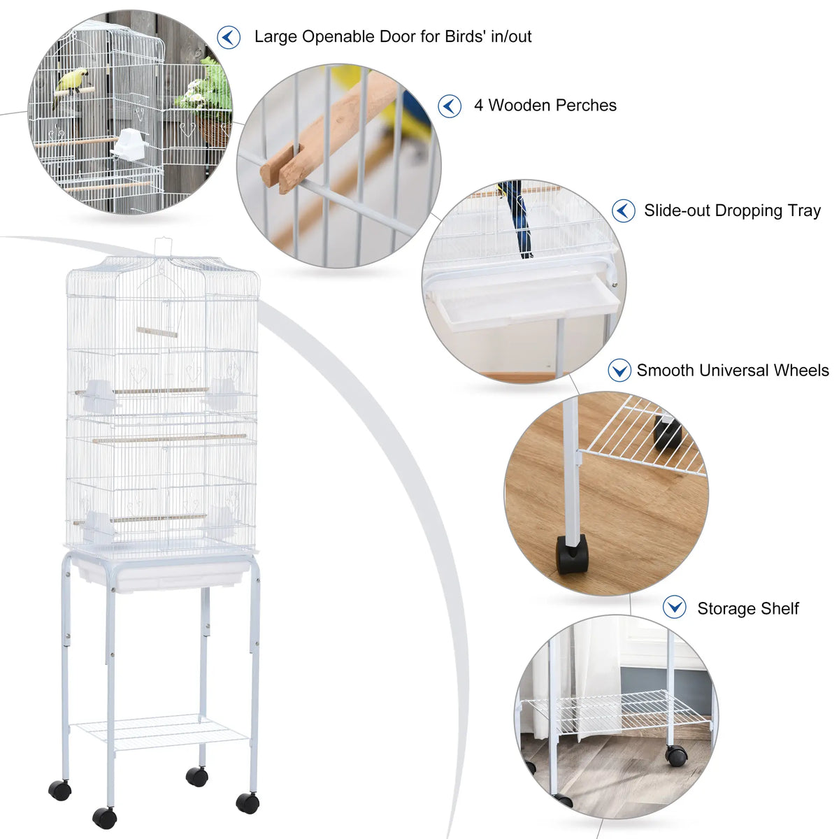 Cage à oiseaux roulante 62" avec étagère de rangement et roulettes - Blanche