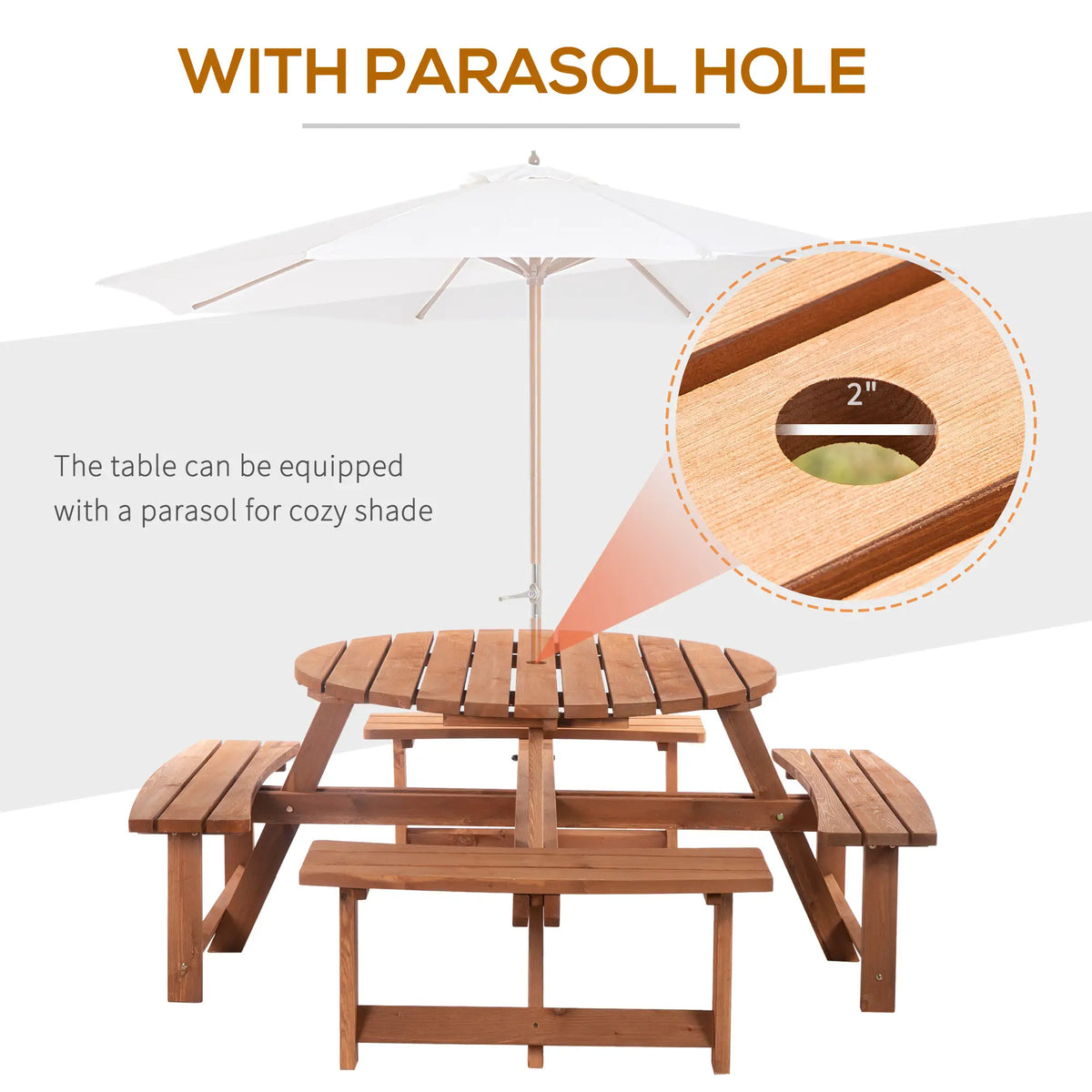Ensemble repas de patio  : table de pique-nique et banc rond en bois 8 places (parasol non inclus).