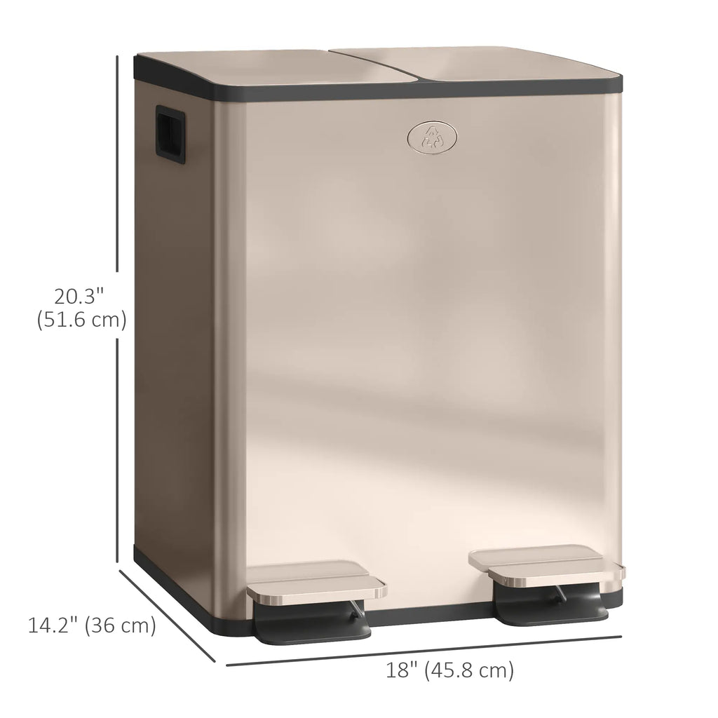 Poubelle, fermeture amortie avec pédale, 2 x 5 gal (2 x 20 L) avec seaux intérieurs amovibles, couleur or
