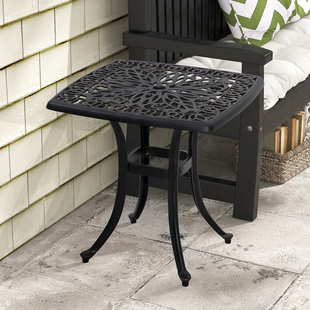 Table d'appoint carrée d'extérieur 53 cm (21 po), table de patio en aluminium moulé avec trou pour parasol, idéale pour le jardin, le balcon ou la piscine, couleur bronze.