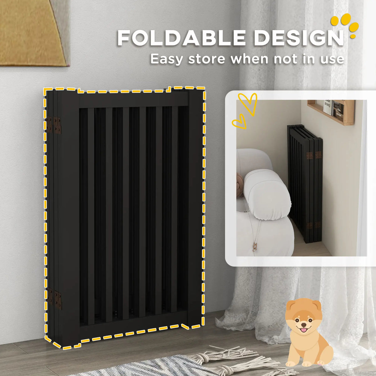 Barrière pour animaux de compagnie à 4 panneaux en bois autoportante avec porte ouvrante, noire