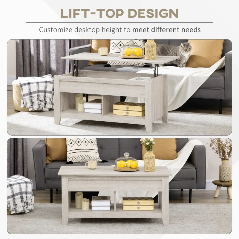 Table basse relevable avec rangement, effet chêne