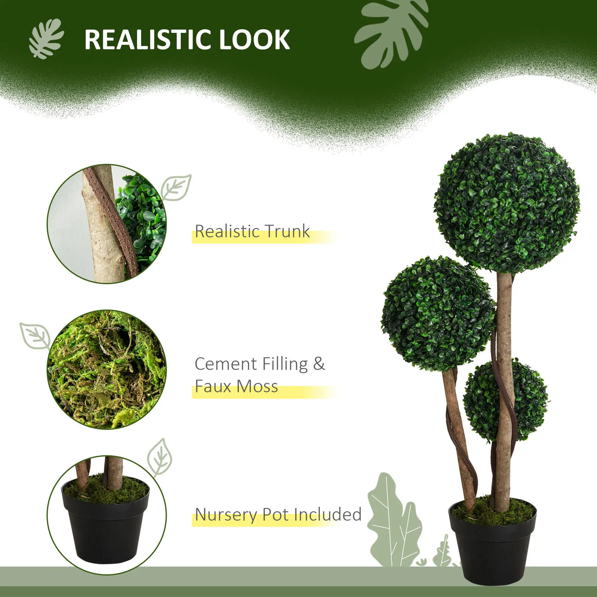 Plante artificielle en pot de 89 cm (35 pouces), buis artificiel topiaire, arbre à trois boules pour intérieur et extérieur, vert foncé