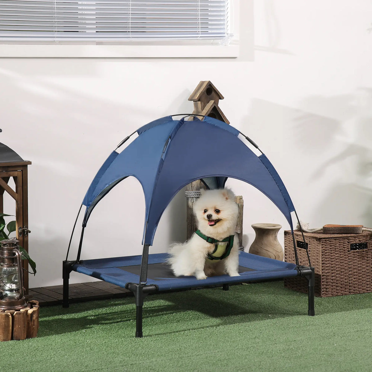Lit surélevé rafraîchissant pour chiens de taille moyenne, avec auvent, bleu foncé