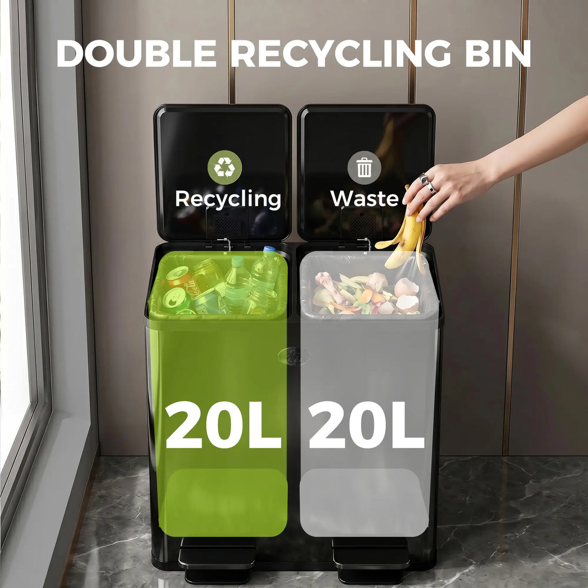 Poubelle, fermeture amortie avec pédale, 2 x 5 gal (2 x 20 L) avec seaux intérieurs amovibles, noire